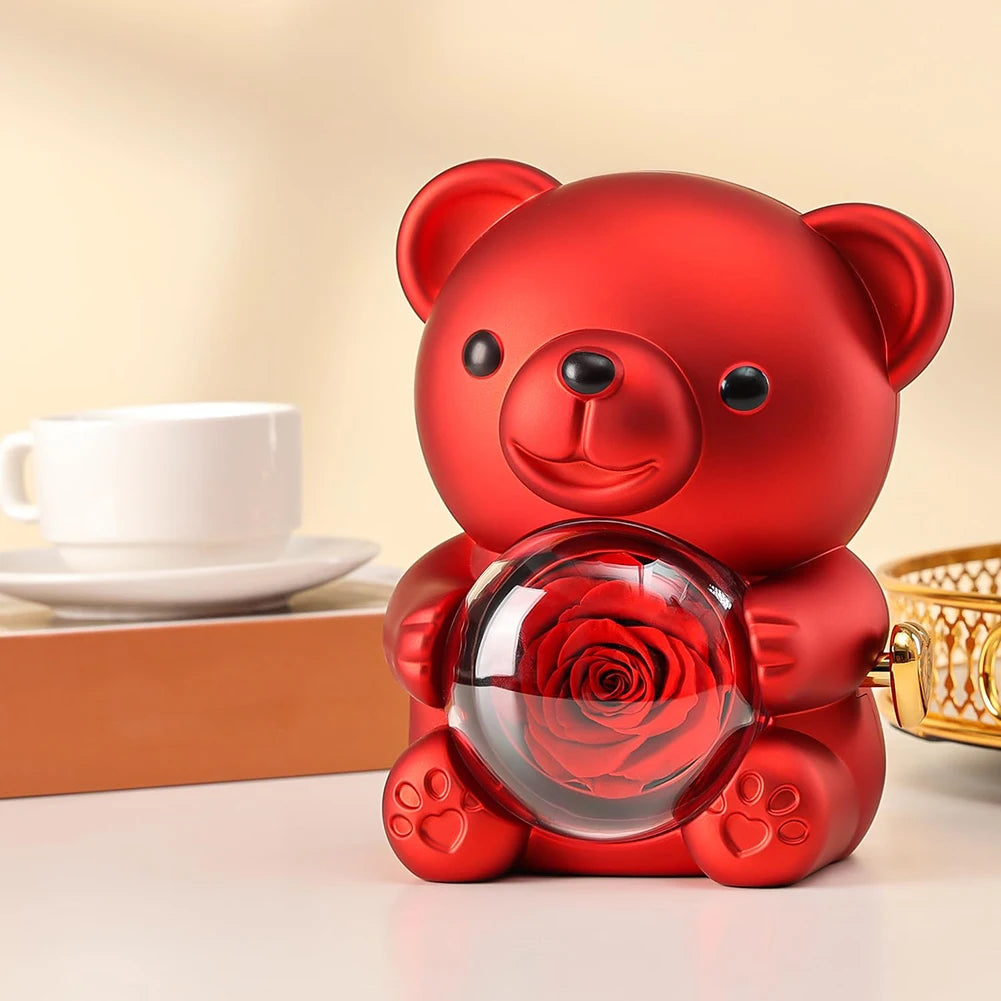 Necklace Teddy Bear Eternal Rose Gift Box – Rotating Rose Jewelry Case | Valentine’s Day, Wedding & Special Gifts for Women