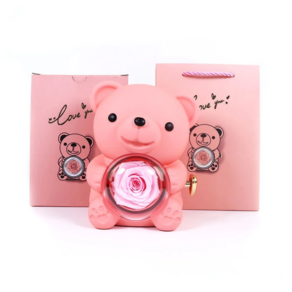 Necklace Teddy Bear Eternal Rose Gift Box – Rotating Rose Jewelry Case | Valentine’s Day, Wedding & Special Gifts for Women