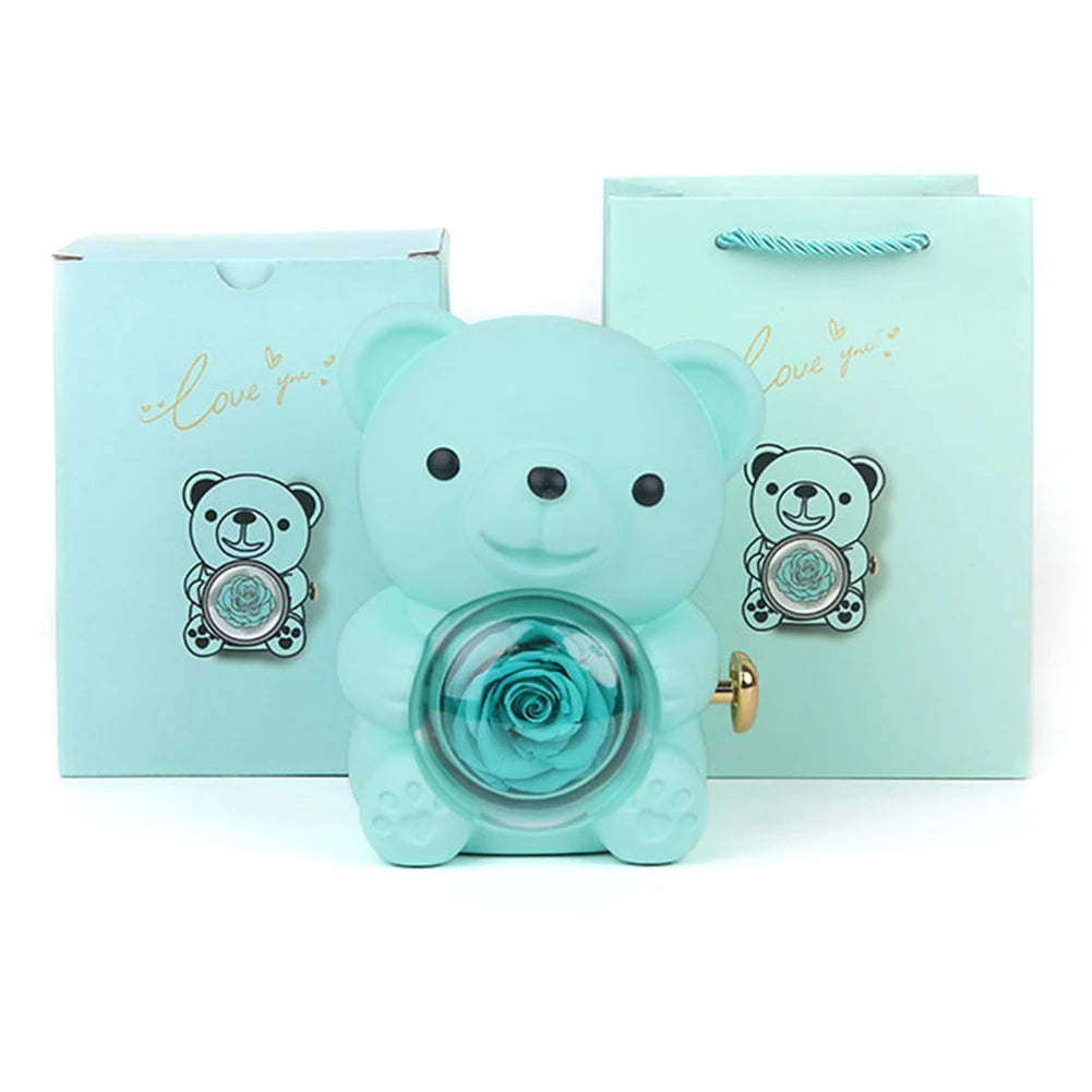 Necklace Teddy Bear Eternal Rose Gift Box – Rotating Rose Jewelry Case | Valentine’s Day, Wedding & Special Gifts for Women
