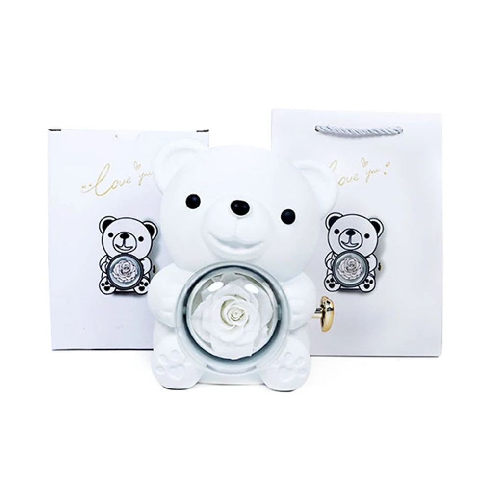 Necklace Teddy Bear Eternal Rose Gift Box – Rotating Rose Jewelry Case | Valentine’s Day, Wedding & Special Gifts for Women