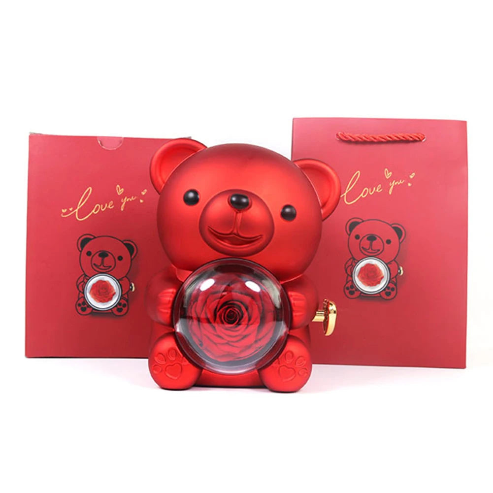 Necklace Teddy Bear Eternal Rose Gift Box – Rotating Rose Jewelry Case | Valentine’s Day, Wedding & Special Gifts for Women