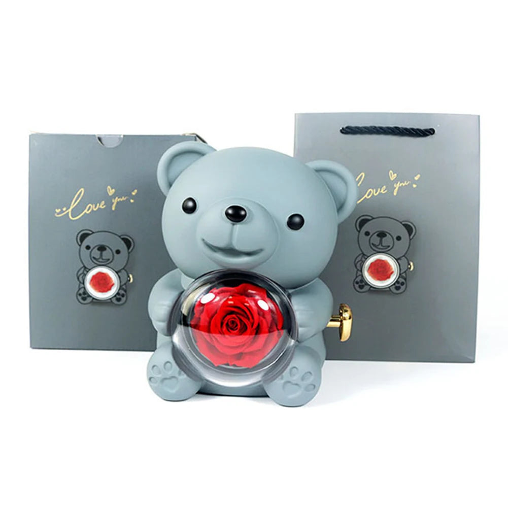 Necklace Teddy Bear Eternal Rose Gift Box – Rotating Rose Jewelry Case | Valentine’s Day, Wedding & Special Gifts for Women