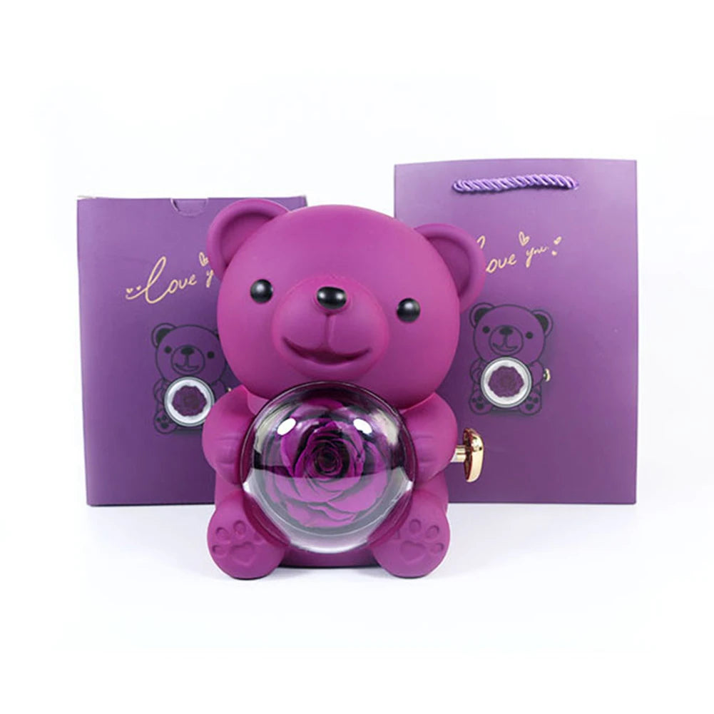 Necklace Teddy Bear Eternal Rose Gift Box – Rotating Rose Jewelry Case | Valentine’s Day, Wedding & Special Gifts for Women
