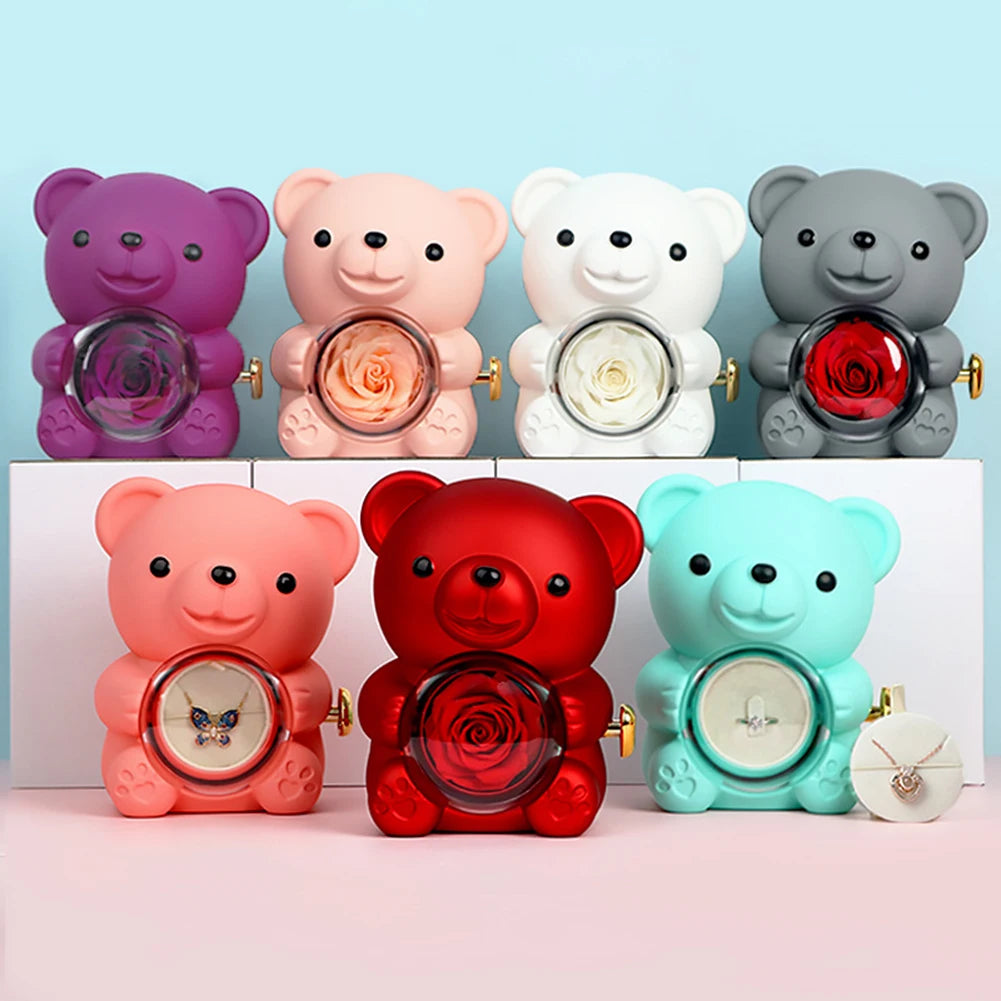Necklace Teddy Bear Eternal Rose Gift Box – Rotating Rose Jewelry Case | Valentine’s Day, Wedding & Special Gifts for Women